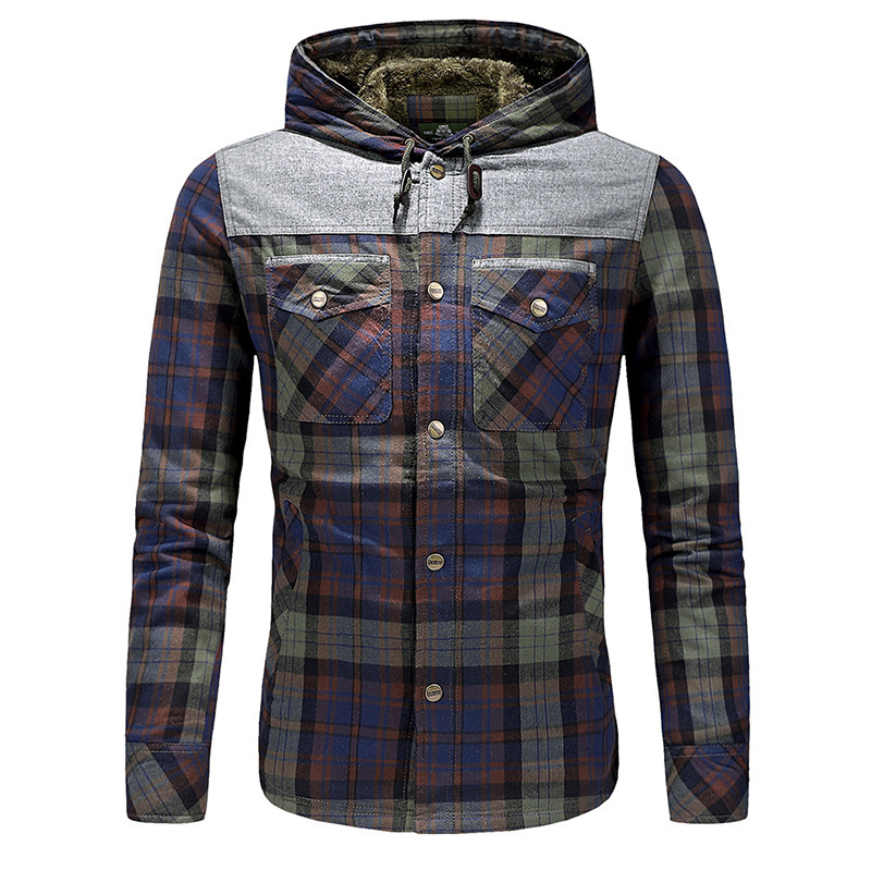 Autumn and winter men's plaid plus size hooded padded shirt