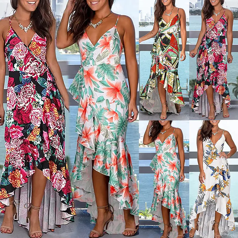 Printed Sexy Sling Open Back Ruffled Irregular Dress