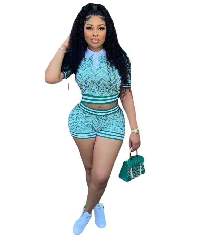 Abstract Retro Casual Patchwork Rib Short Sleeve Shorts Set - Shop at LoveMi