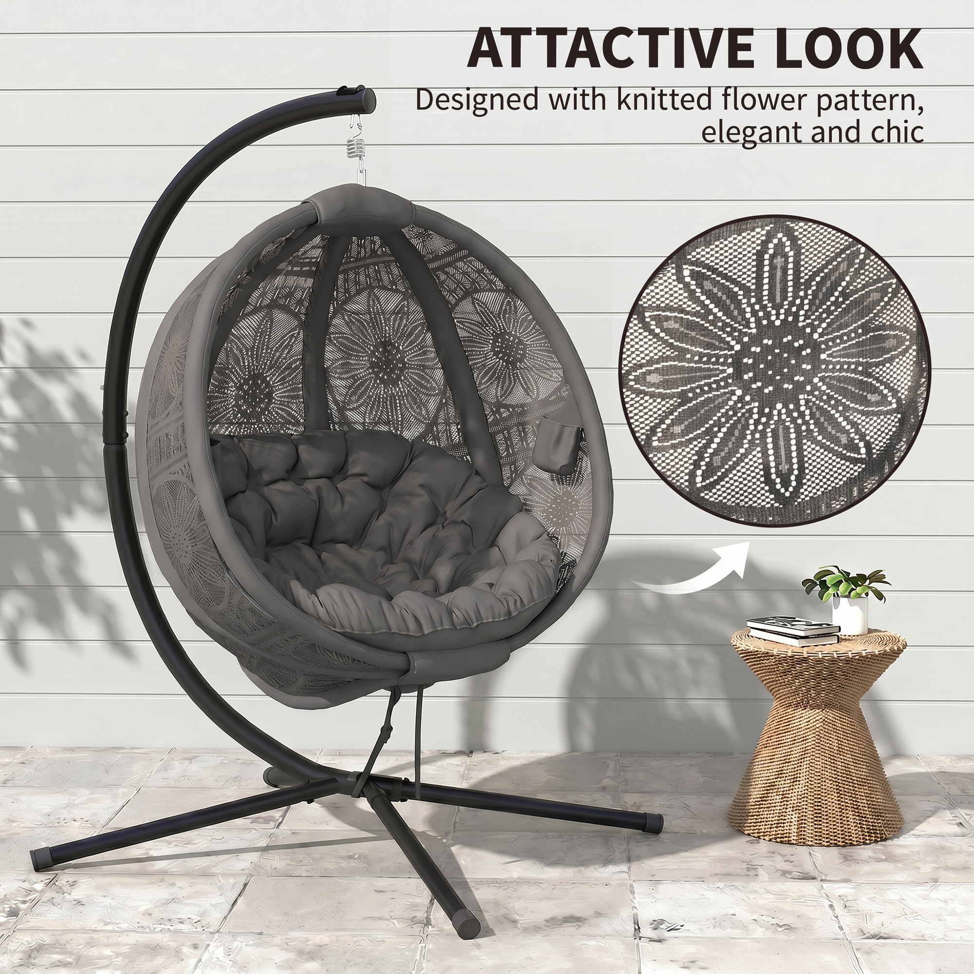 Round Egg Basket Chair With Steel Bracket, Charcoal Gray — image 5