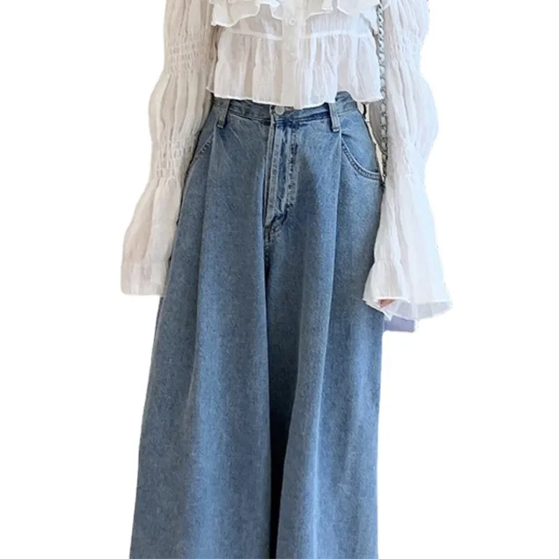 PantsOne Grain Button Pleated Design Loose Straight Wide Leg Jeans - Blue
