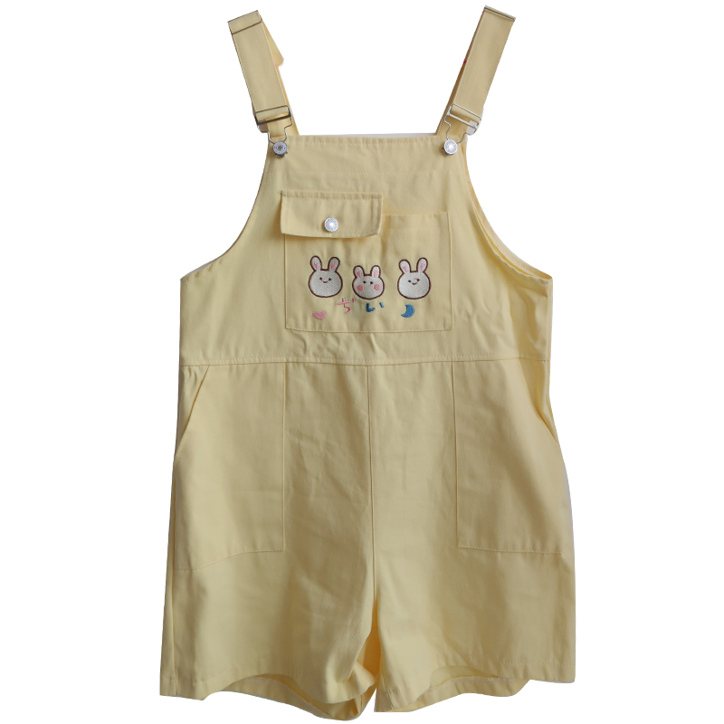 Women's Cute Rabbit Embroidered High Waist Loose Bib Shorts Yellow - Shop at LoveMi