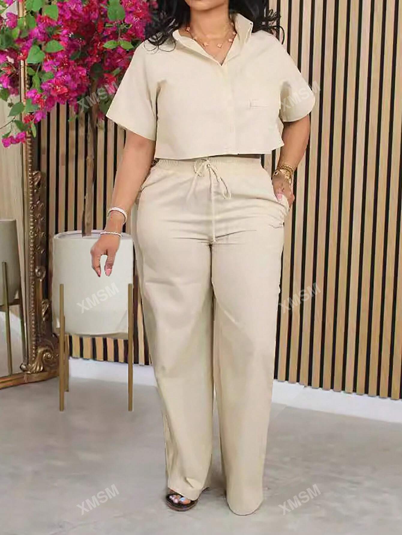 Short Sleeve Shirt Top And Wide Leg Pants Apricot - Shop at LoveMi