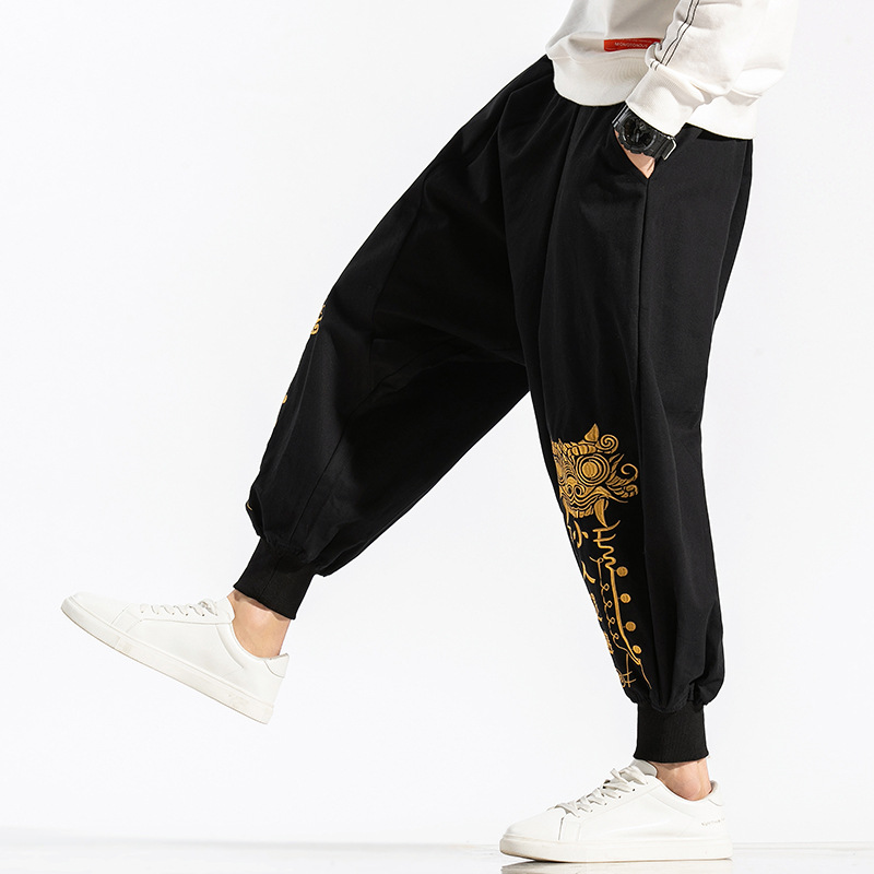 Men's Retro Embroidered Baggy Pants National Trend Trousers Black - Shop at LoveMi