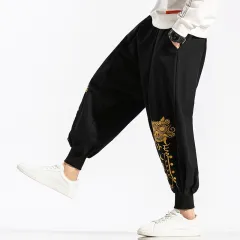 Men's Retro Embroidered Baggy Pants National Trend Trousers - Black - View 1