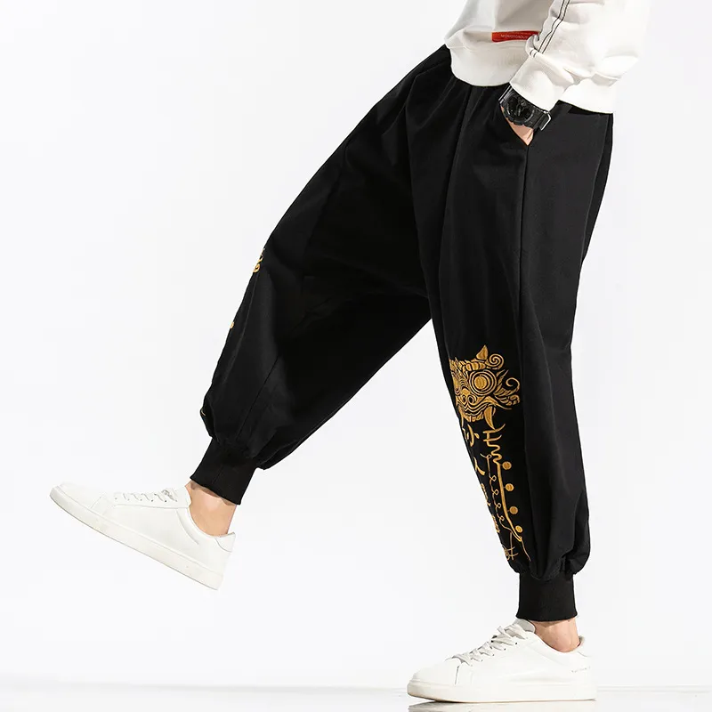 Men's Retro Embroidered Baggy Pants National Trend Trousers - Black