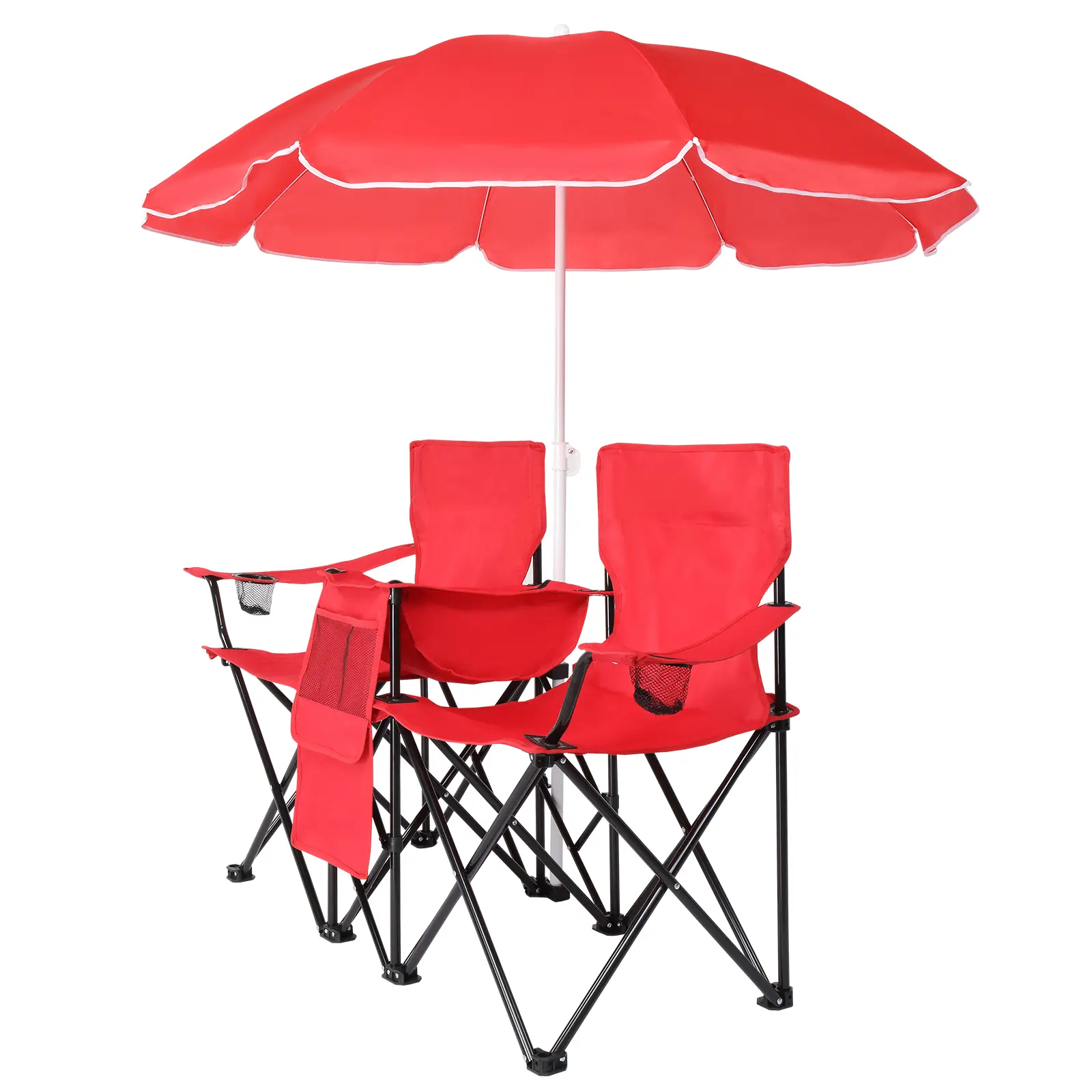 Camping Chairs, Folding Double Chair With Removable Umbrella, Cup Holders, Cooler Bag, Side Pocket & Carry Bag, For Beach, Outdoor, Sports, Concerts, Travel, Pi