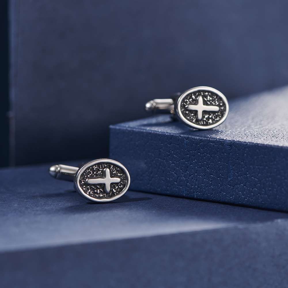 Oval Cross Cufflinks Silver Stainless Steel Shirt Cuff Links For Men Jewelry Accessories — foto 5