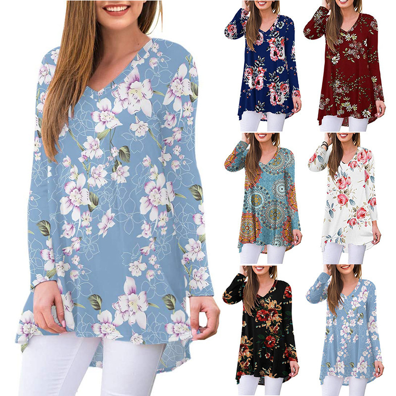 Printed V-Neck Long-Sleeve T-Shirt Mid-Length Casual Floral Top