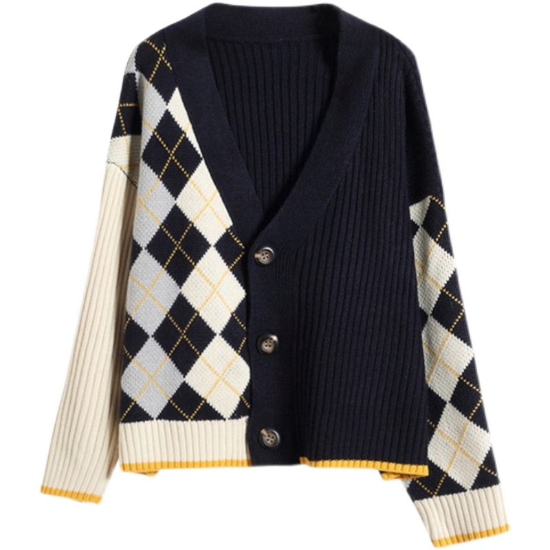 Lazy Style Rhombus Sweater Coat Women's Loose-fitting Outer Wear