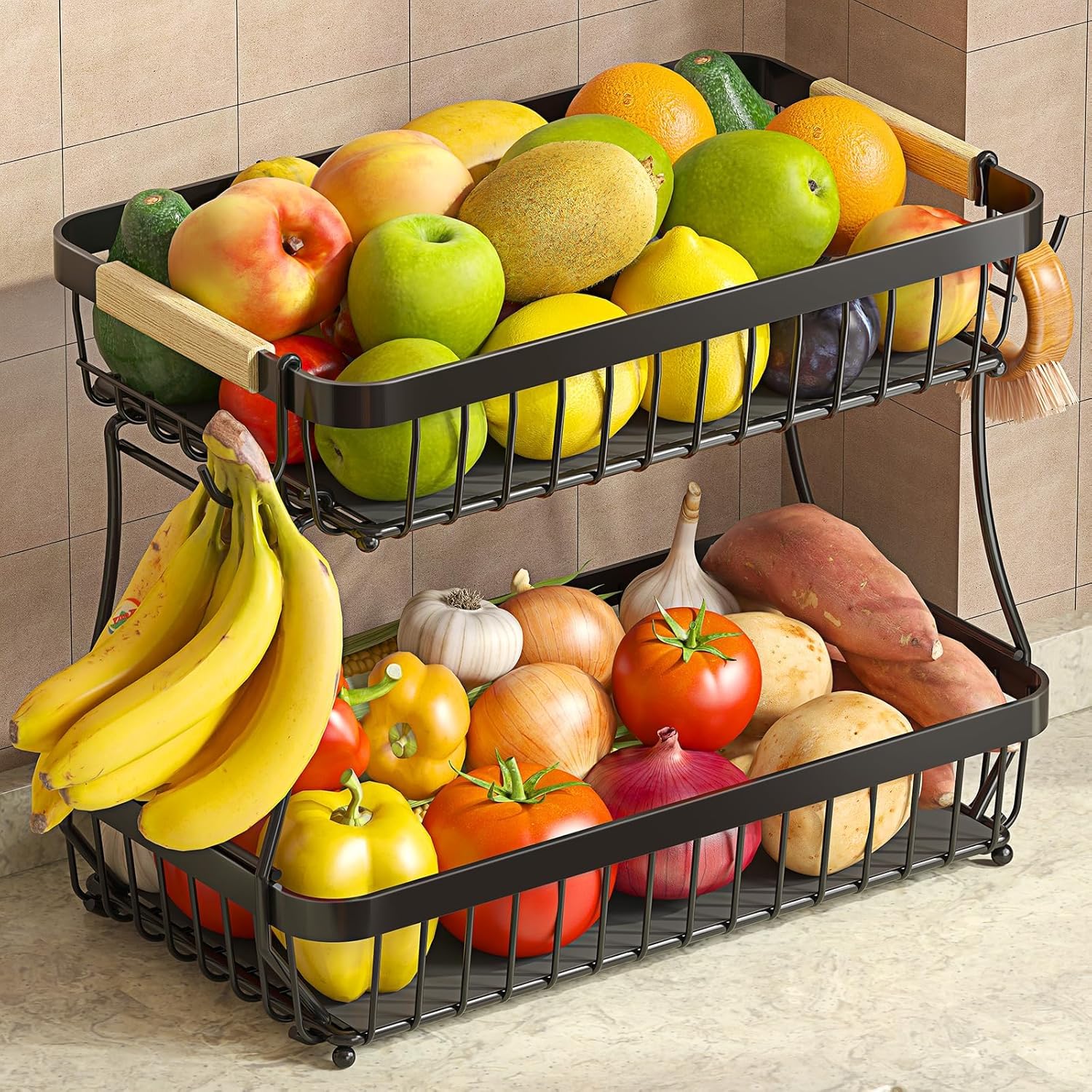 2 Tier Fruit Basket With Banana Hangers, Detachable Metal Bowl, Kitchen Countertop Storage Organizer For Fruits, Vegetables & Snacks