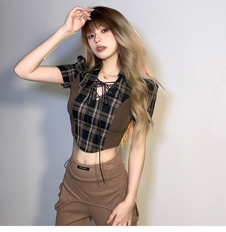 Title 8, Retro Plaid Short-sleeved T-shirt Femininity Niche