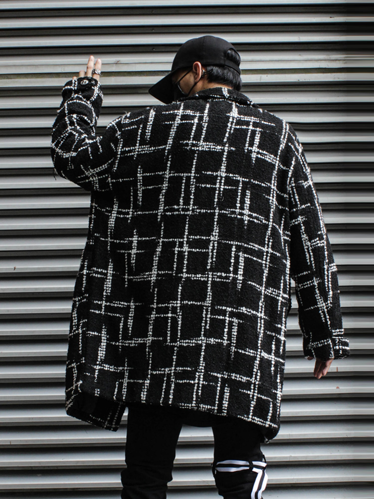 Black Plaid Mid-length Woolen Woven Coat For Couples