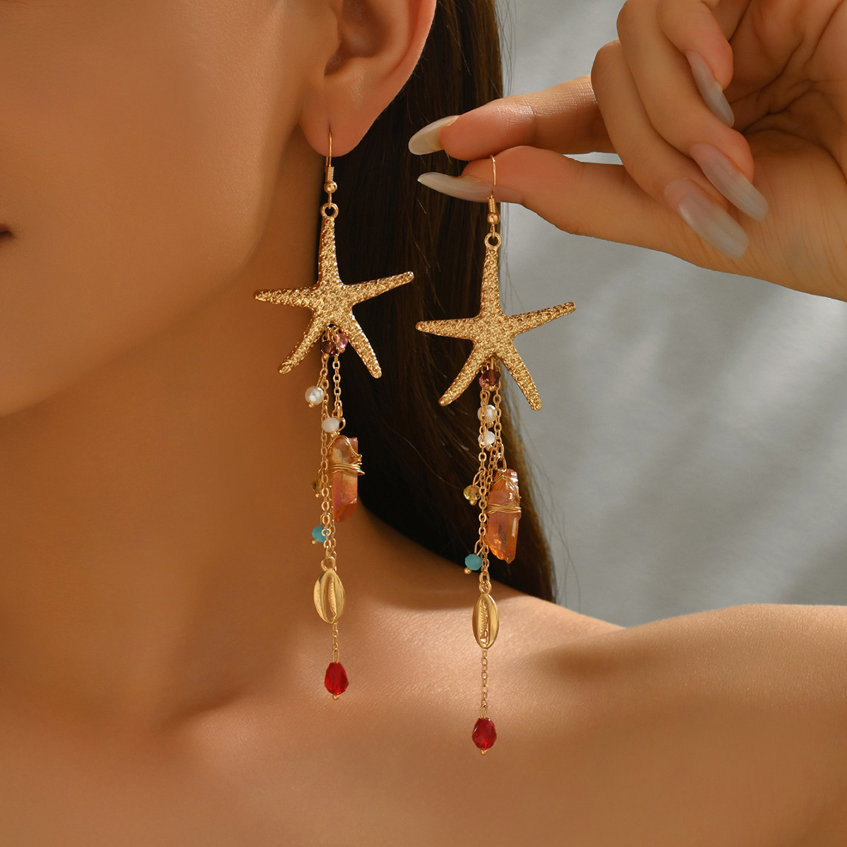 Cross-border European American Ocean Style Women Drop Earrings, Unique Starfish & Shell Design Inlaid Cubic Zirconia, Premium Versatile Long Ear Ornam