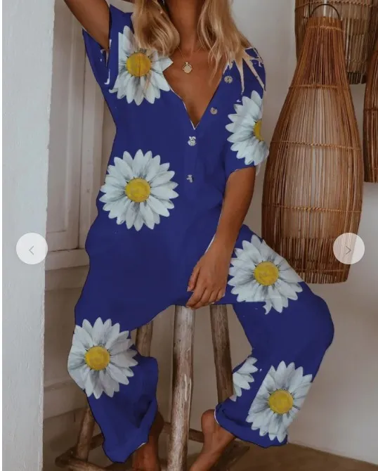 Ladies Floral Print Casual Long Jumpsuit Blue - Shop at LoveMi