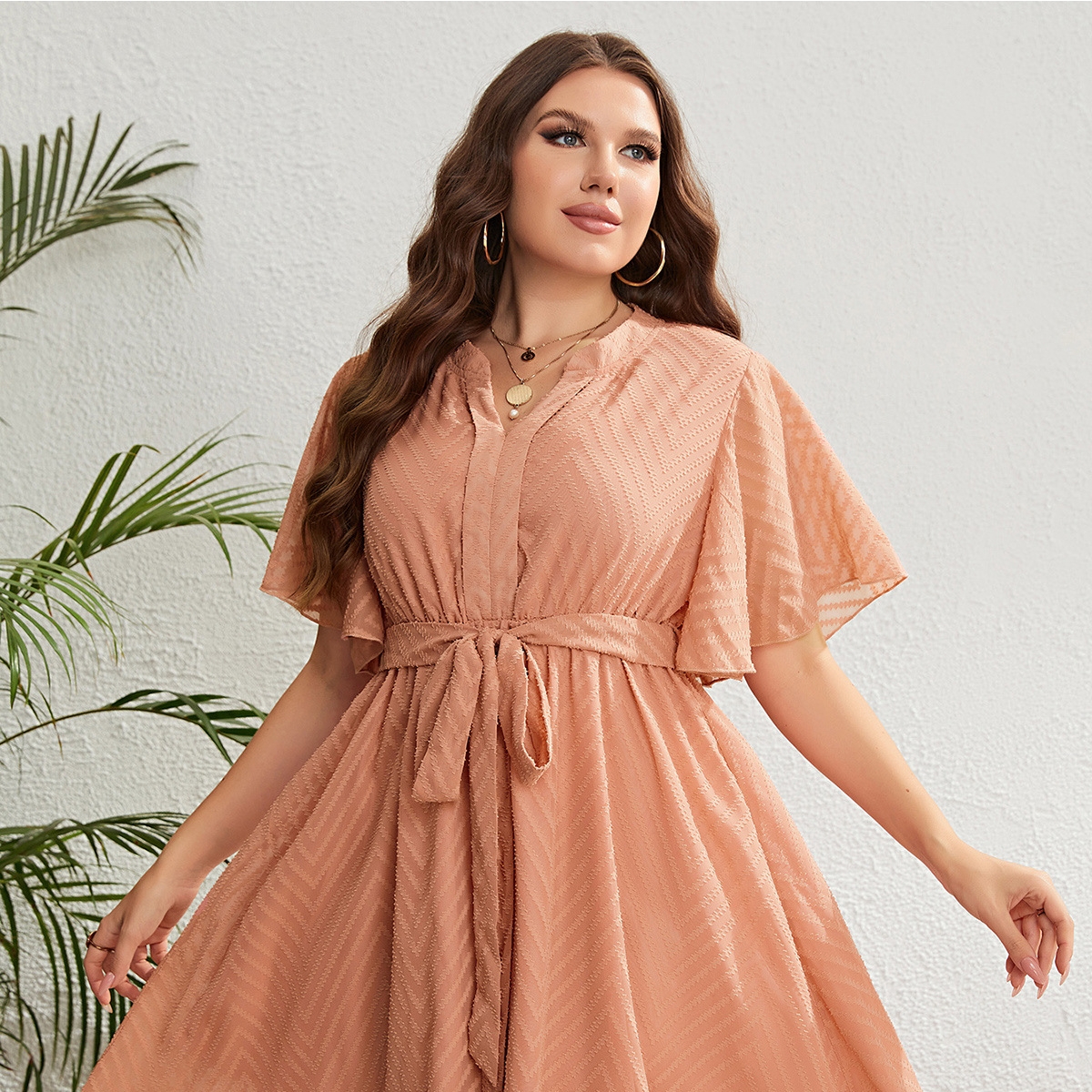 Women's Summer Orange V-neck Lace Up Waist Dress