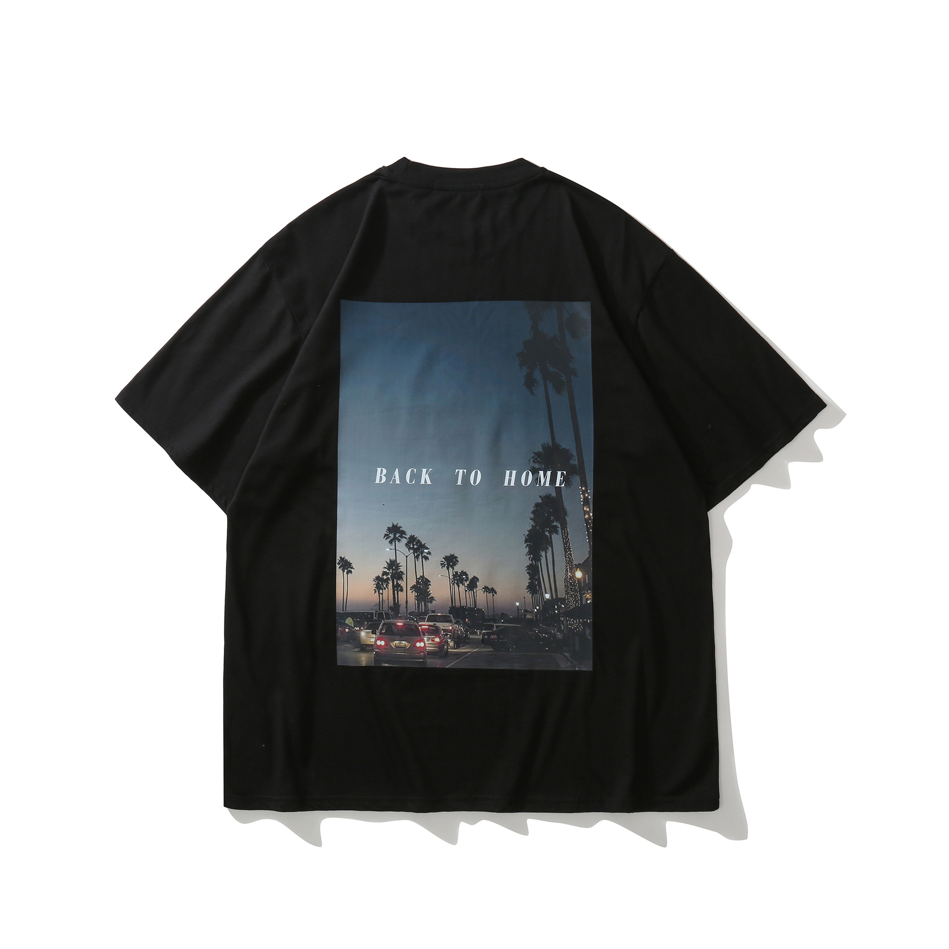 Street Hip Hop Coconut Tree Print Loose Short Sleeves Black - Shop at LoveMi