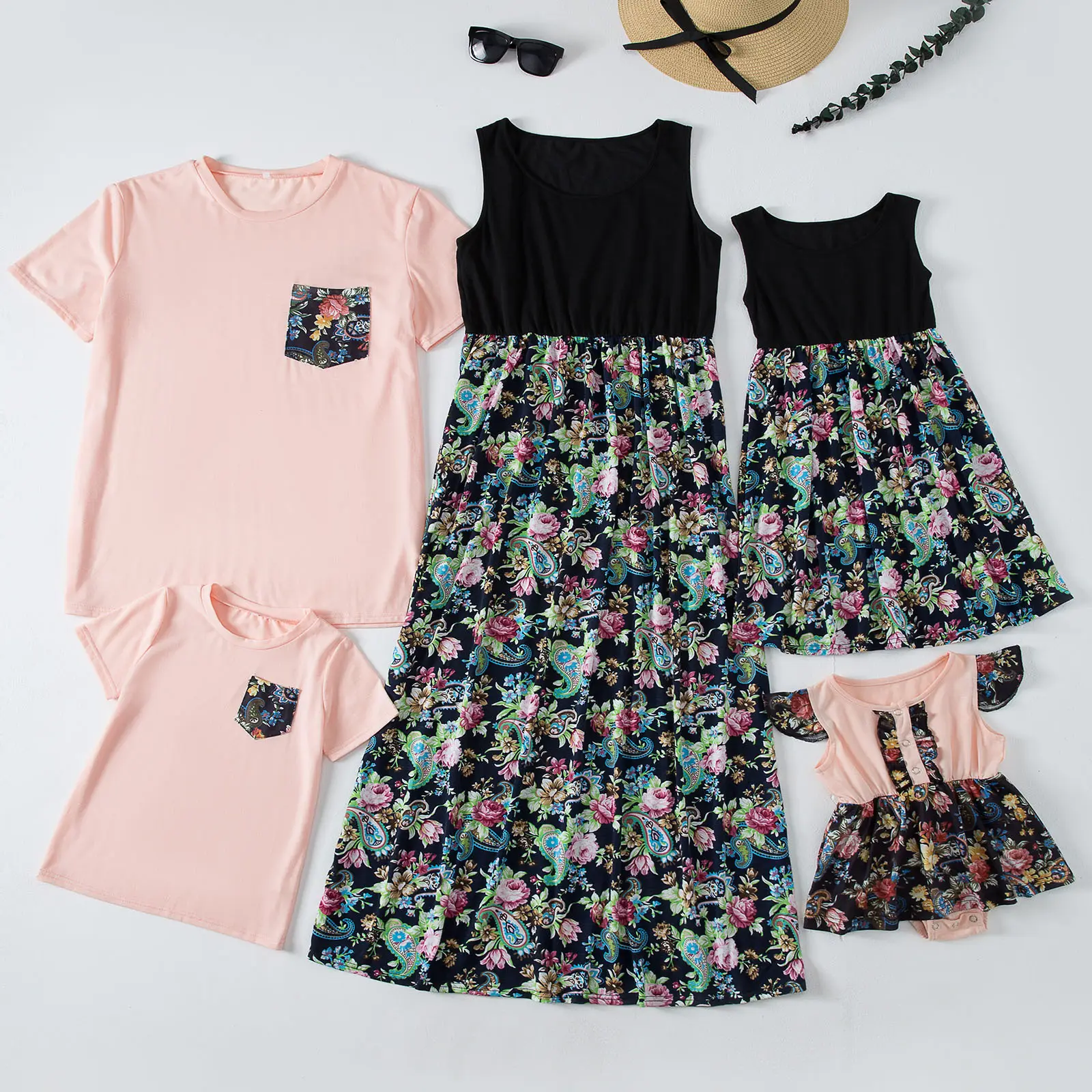 Fashion Waist Stitching Print Long Dress Parent-child