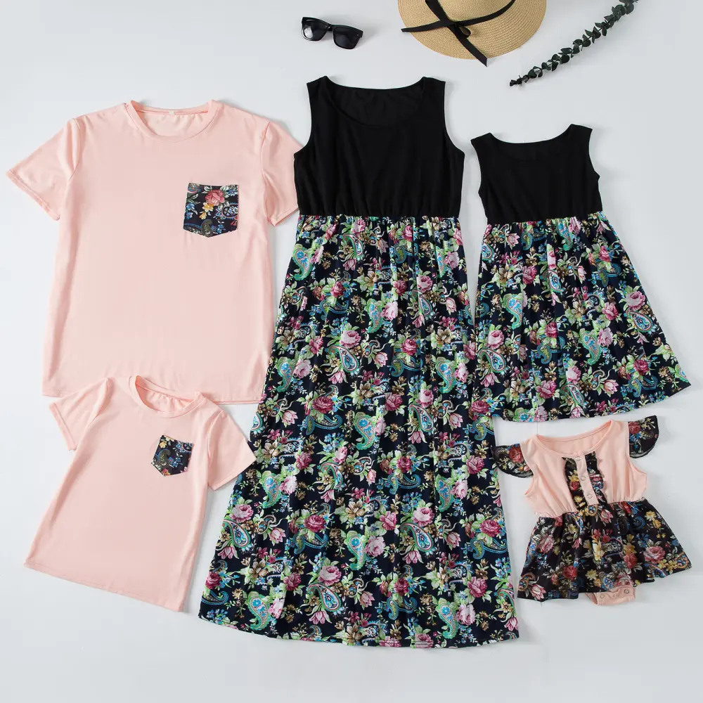 Fashion Waist Stitching Print Long Dress Parent-child Outfit Family