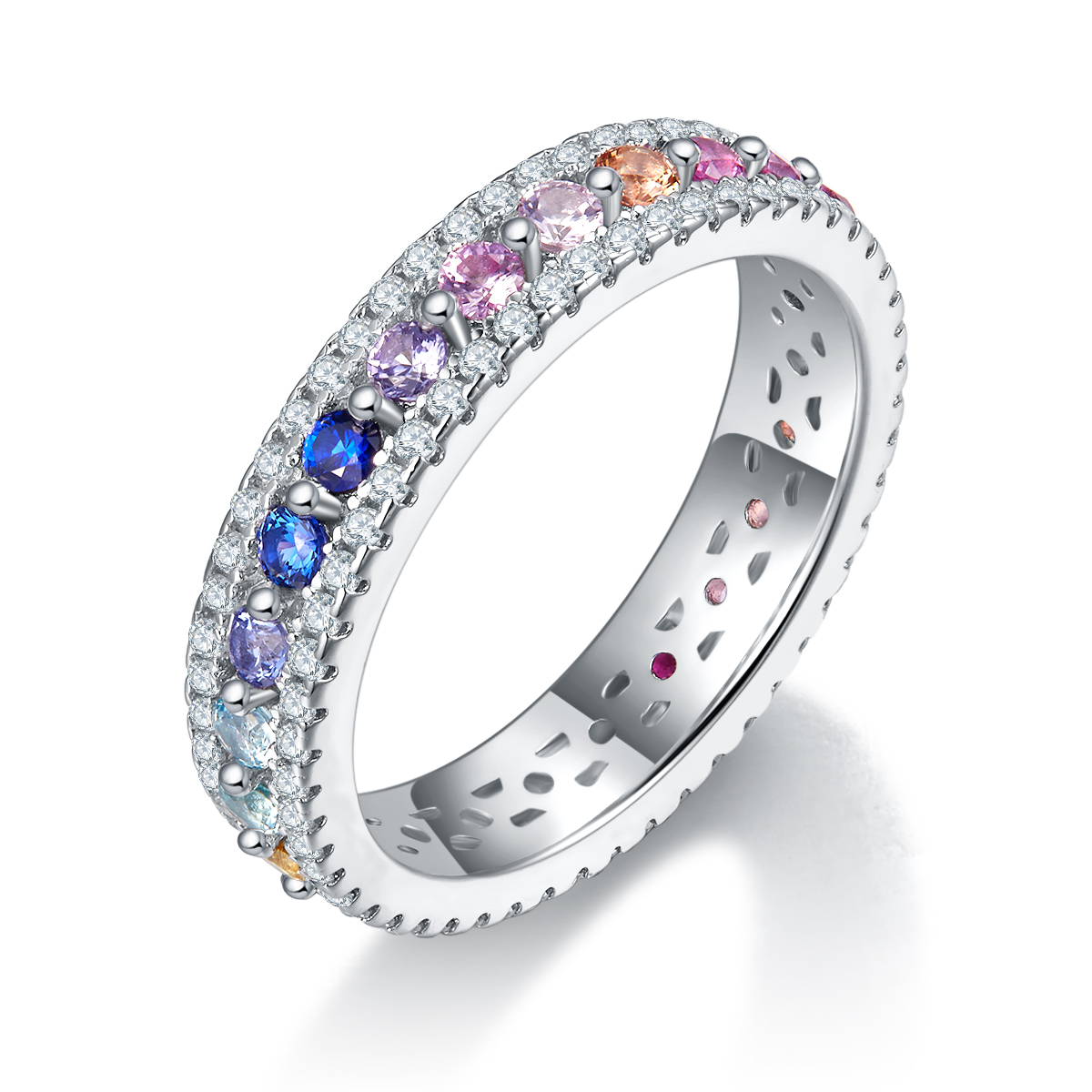 S925 Sterling Silver Rainbow Lab-Grown Gemstone Eternity Ring Pave Moissanite US Size 5-9 GRA Certified Platinum Plated Gift Box