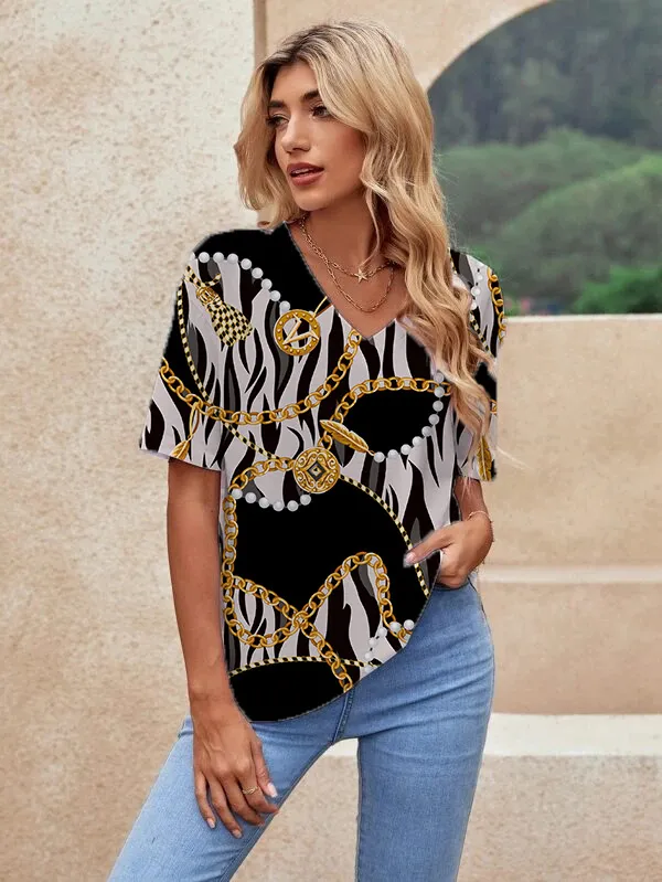 Printed Short Sleeve Urban Loose Casual Women's V Neck T Shirt - 191Color-Xs
