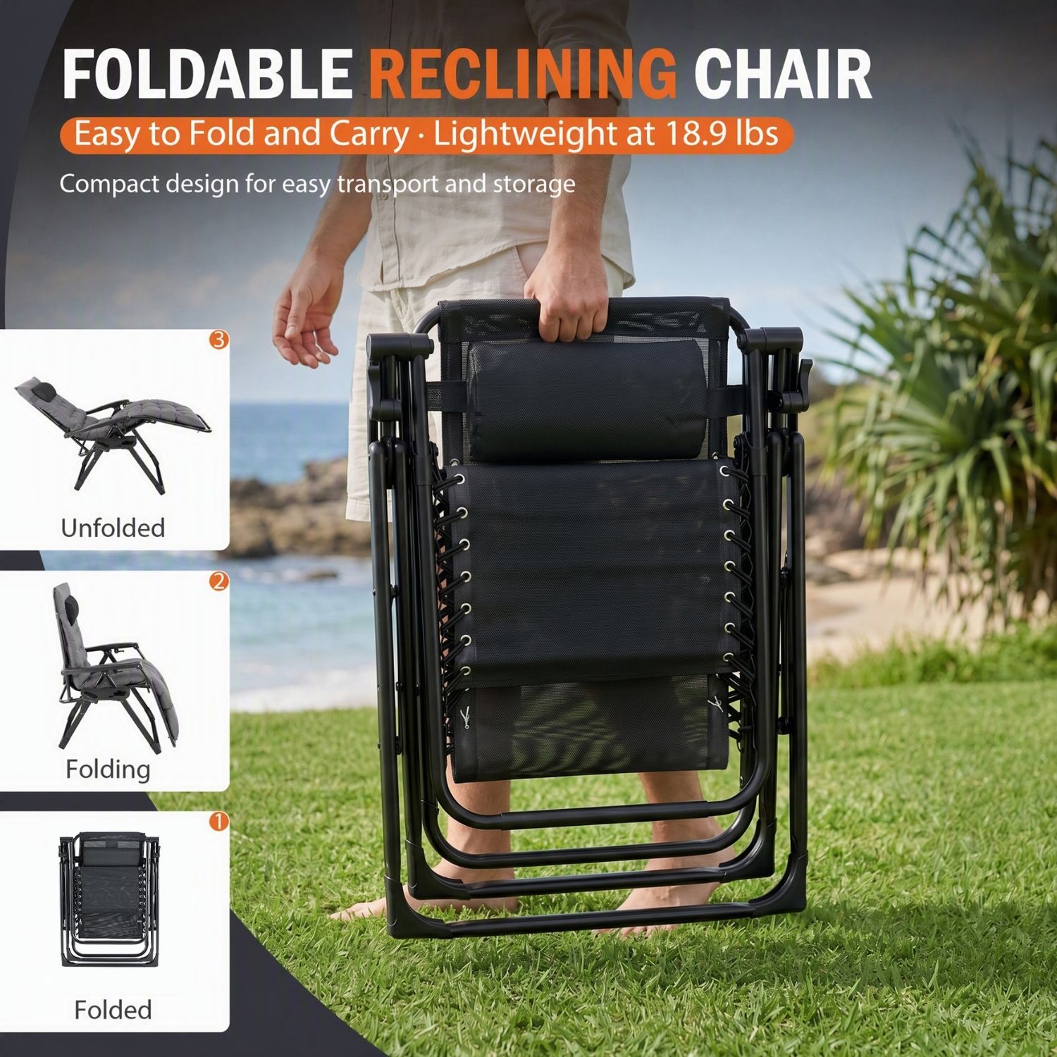Zero Gravity Chair With Cushion, Folding Outdoor Lounge Chair With Cup Holder And Headrest For Patio, Strong Capacity image 15