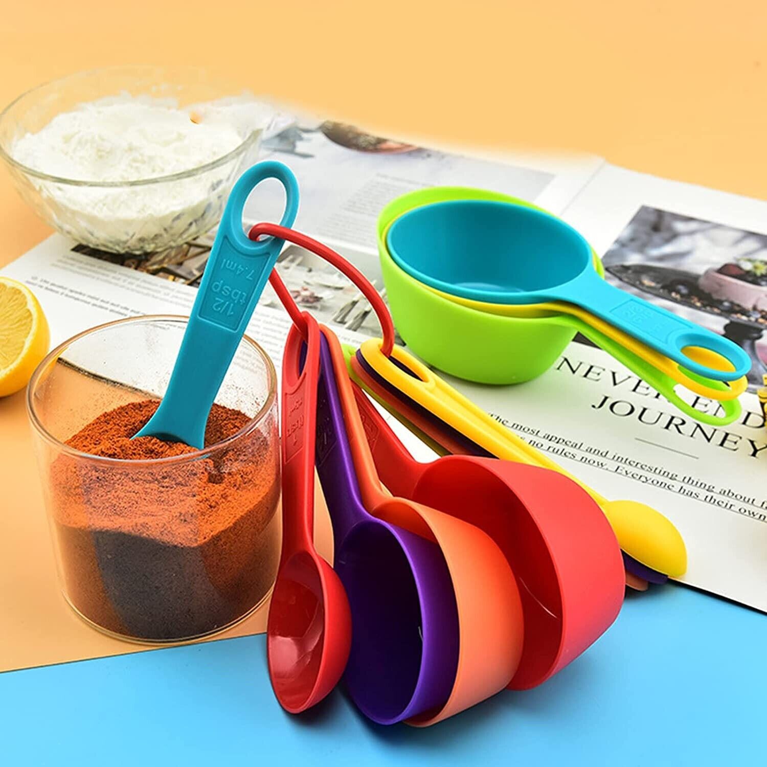 6 Measuring Spoons and 6 Cups Set. we ship only inside the US, USPS First Class Package 2 Day Handling , 2-5 Day Shipping. 12-Piece Plastic Measuring Cups and Spoons Set Great for Baking and Cooking 12 Piece Measuring Cups and Spoons Set, Colored Kitchen 