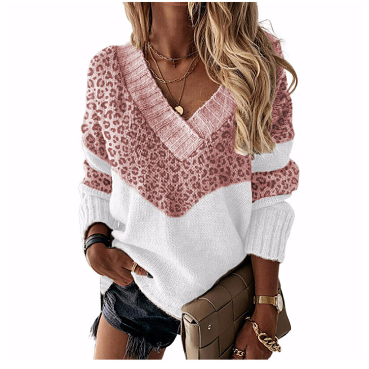 Pullover V-neck Loose Sweater Color-blocking Women's Knit Sweater