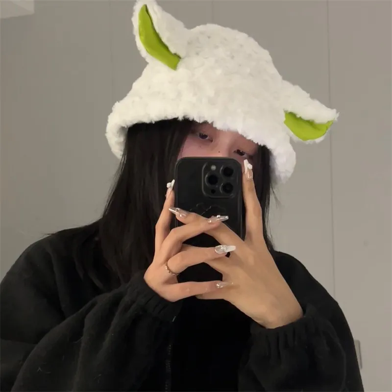 Dark Lamb Plush Cute Warm Pot Hat Winter Keep Warm - White