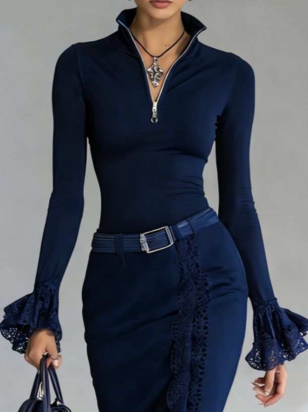 Lace-trimmed Stand-up Collar Zip-up Long-sleeved Top For Women