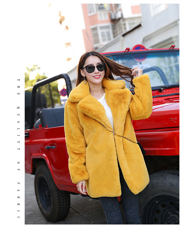 New Female Imitation Rabbit Fur Loose Lapel Coat Yellow - Shop at LoveMi