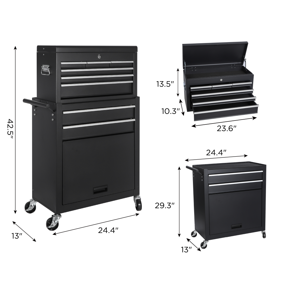 Tool Chest, 8-Drawer Rolling Tool Storage Cabinet With 2 In 1 Detachable Top Tool Box, Liner, Lockable Wheels, Side Hooks, Locking Mechanism, Metal Tool Cart For Garage thumbnail 8