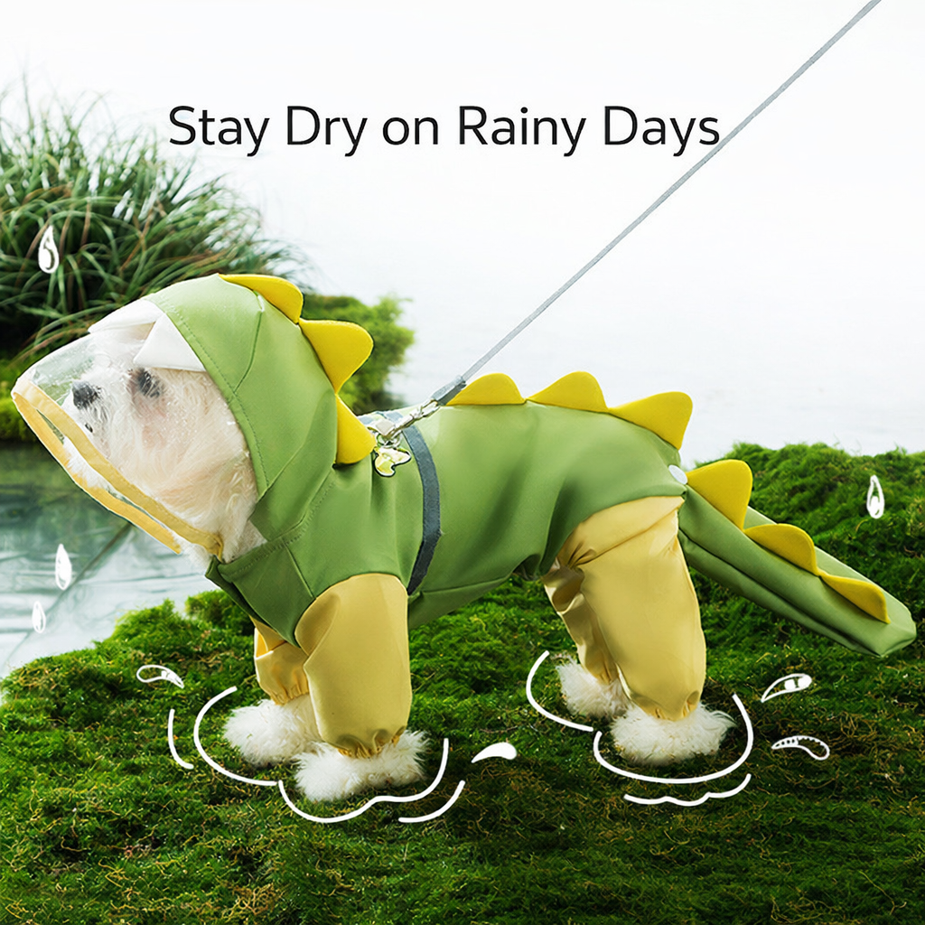 Dog Raincoat Waterproof 4-Legged Dinosaur Design With Tail Cover For Small Medium Large Dogs, Hooded Pet Rainwear With Reflective Strips Transparent Brim, Lightweight Rain Jacket For Teddy Golden Retr