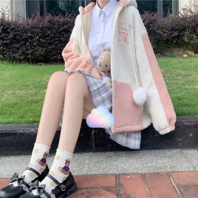 Lamb Wool Cardigan Jacket For Girls' Japanese Loose All Match Pink - Shop at LoveMi