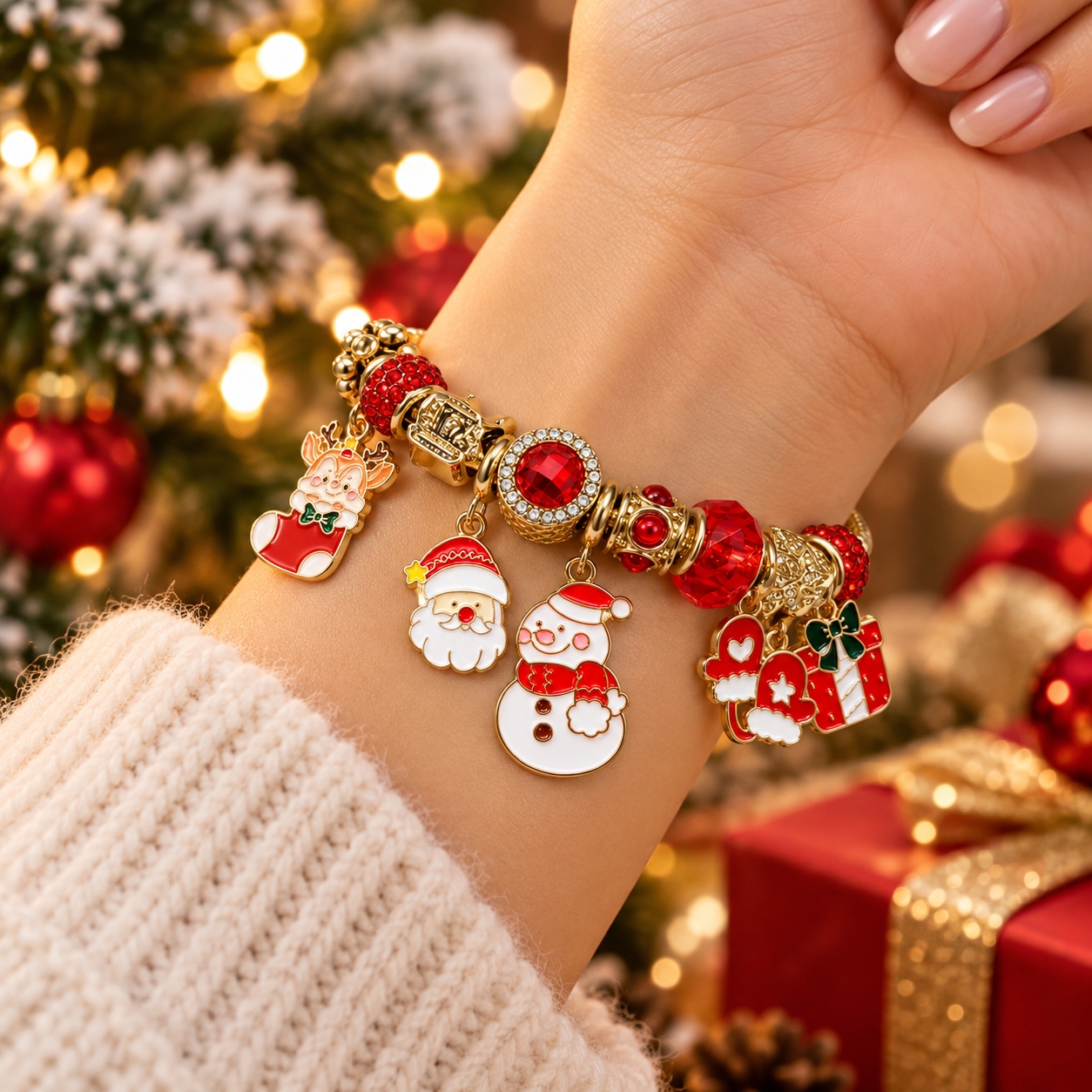 1 buc. Cute Christmas Santa Snowman Brățară cu talismane Gold Snake Chain Enamel Gift Box Glass Beads Holiday Xmas Jewelry Women