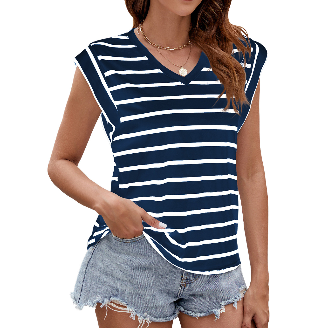Women's Fashion Stripe V-neck Short-sleeved T-Shirt Summer Loose Tank Top Casual - Picture 5 of 6