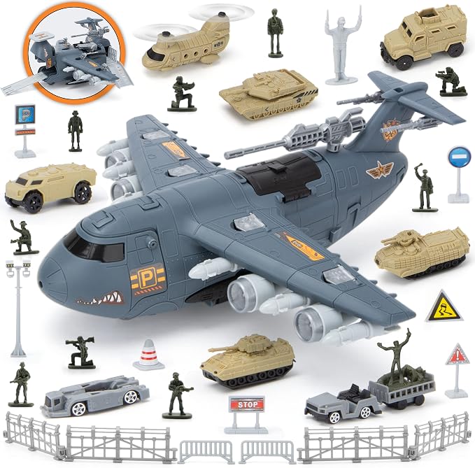 Military Airplane Toy Set With 8 Army Vehicles