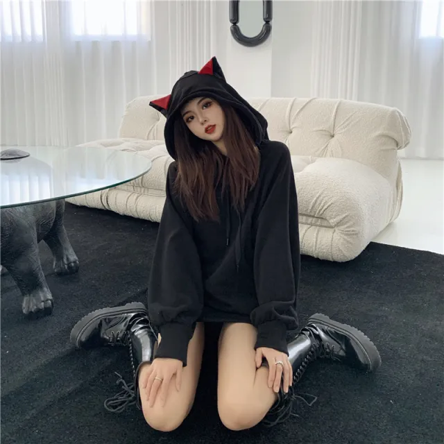 Women's Loose Long Sleeve Cat Ear Fleece Hooded Jacket Sweatshirt Black - Shop at LoveMi