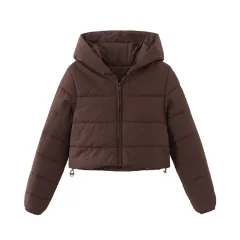 Fashion Zipper Hooded Short Coat Winter Mandela-color Jacket Outerwear Women's Clothing - Coffee - View 1