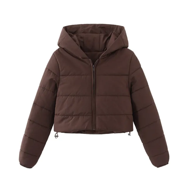 Fashion Zipper Hooded Short Coat Winter Mandela color Jacket Outerwear Women's Clothing Coffee - Shop at LoveMi