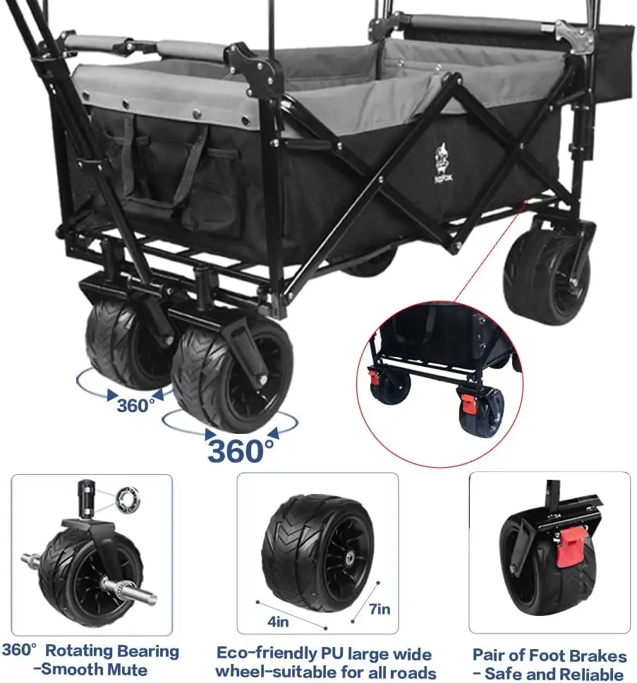 Collapsible Wagon 140L Wagons Carts Foldable With Removable Canopy, Folding Wagon Cart With Wheels For All-Terrain With Brake, Foldable Wagon With Cooler Bag, F