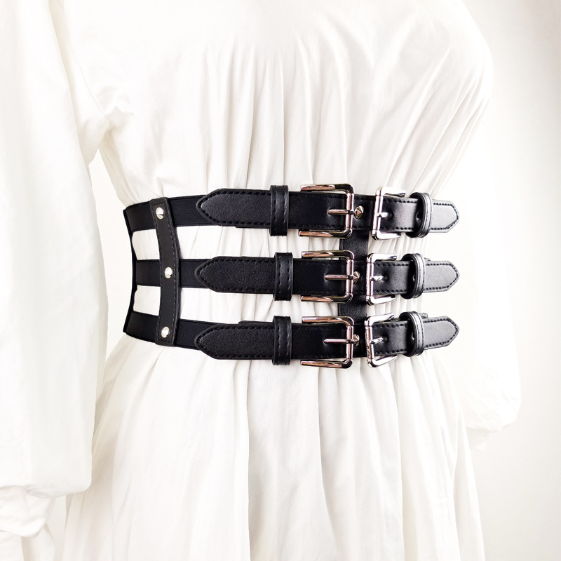 Women's Super Wide Belt Hollow Rivet Decorated Elastic Waist