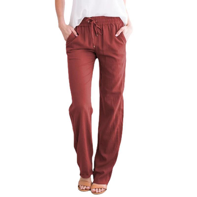 Solid Color Cotton Linen Drawstring Loose Casual Wide Leg Trousers Wine - Shop at LoveMi