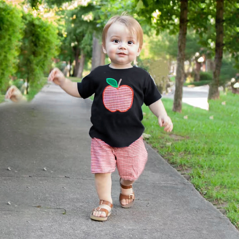 Toddler Baby Boy Back To School Outfit Summer Applique T-Shirt & Red Gingham Shorts Set — view 3