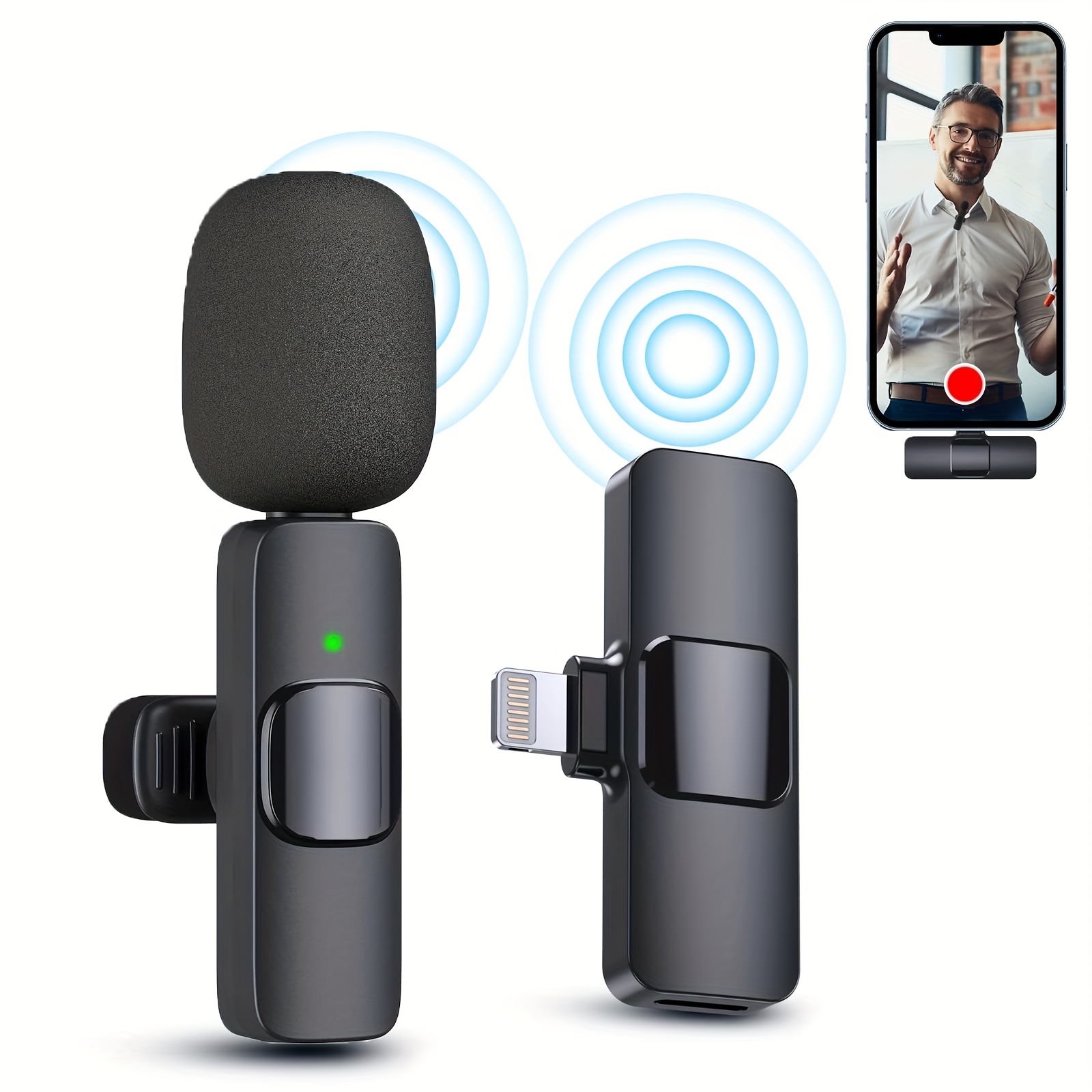 Wireless lavalier lapel microphone for iPhone iPad - professional clip mic - cordless omnidirectional condenser recording mic for interview video podcast vlog YouTube