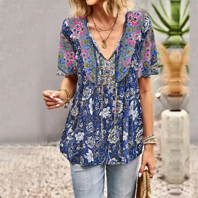 Asian Printed Shirt Women's Commuter Casual Collar Top Dark Blue - Shop at LoveMi