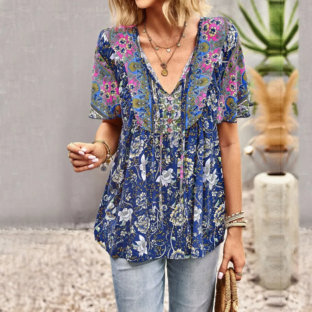 Asian Printed Shirt Women's Commuter Casual Collar Top - Dark Blue