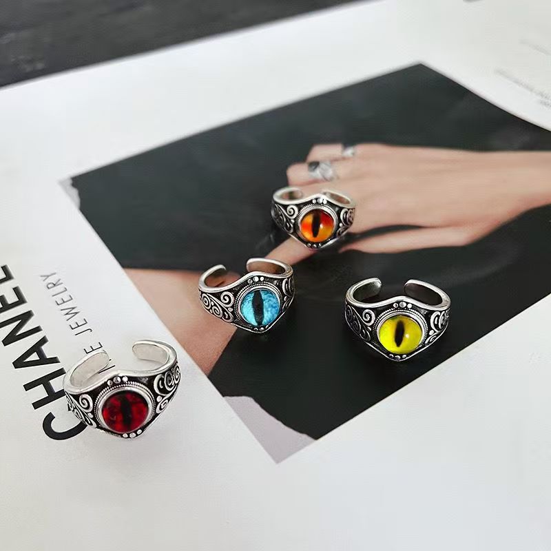 Antique Finish Gothic Evil Eye Statement Ring  Demon Eye Adjustable Open Band