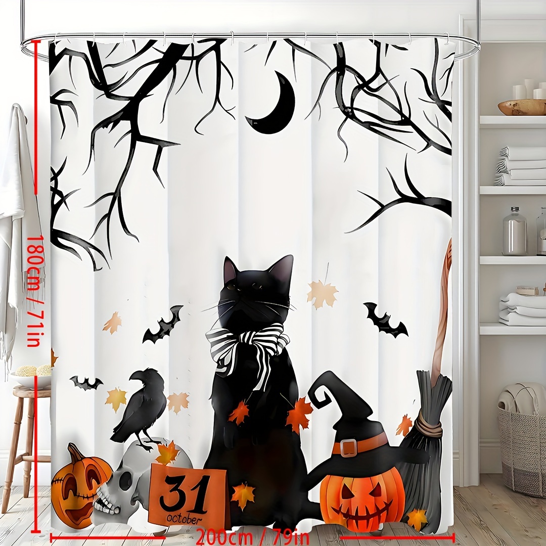 Spooky Halloween Shower Curtain Set - Vibrant Printed Design,12 Hooks - 1Pcs, Pumpkin Lantern, Black Cat, Crow Skull, Broom, Bat, Dead Branch Design 3