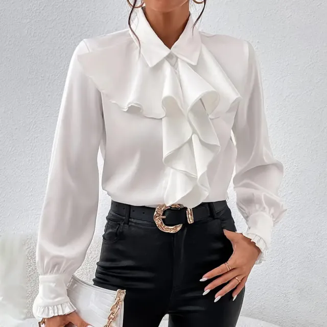 Women's Ruffled Collared Blouse, Long Sleeve Dressy Casual Shirt, Fall Business Casual Work Tops White - Shop at LoveMi